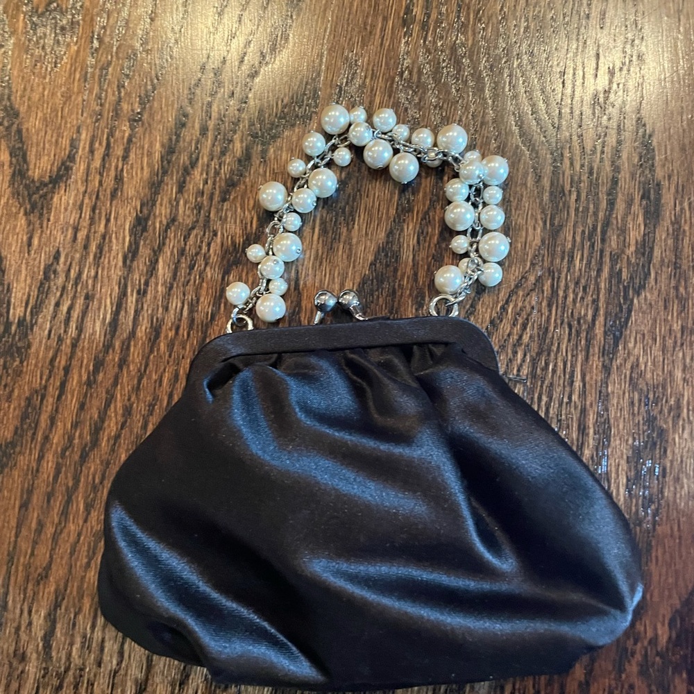 Black satin and pearl evening bag